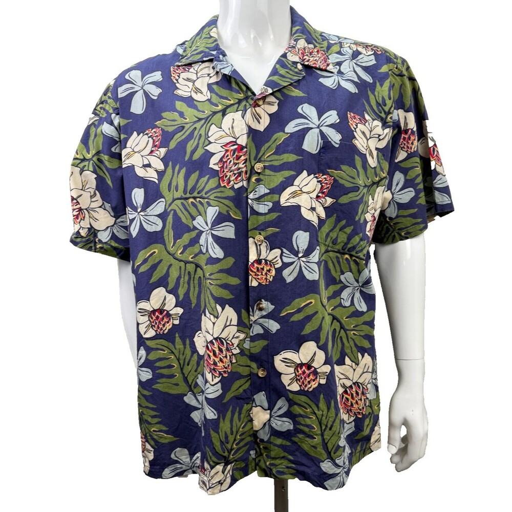 Vintage Hawaiian Shirt XL Made Hawaii Blue Floral 80 90s Aloha USA Single Stitch